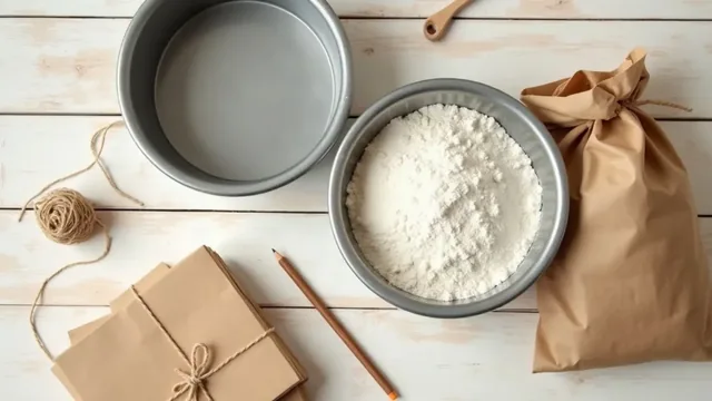 A flat lay of two cake pans, one holding flour, a flour bag, flat kraft boxes tied with twine, a ball of twine and a pencil on a whitewashed table.