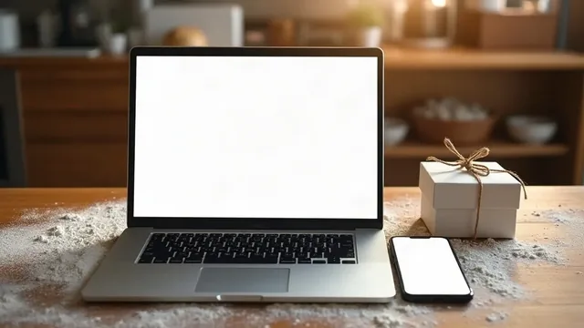 A laptop and a phone with blank bright screens on a flour-dusted wooden counter beside a small white box tied with string