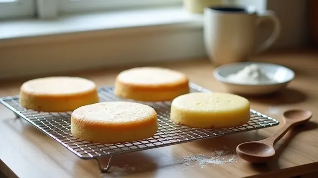 Four unfrosted cake layers cooling on wire racks in a home kitchen with a wooden spoon beside them