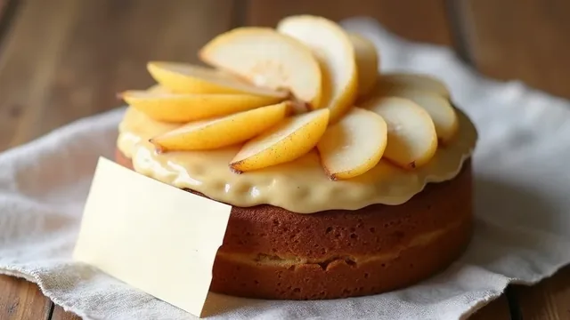 A round cake topped with fanned pear slices and a small blank paper tag leaning against its side, on a linen cloth
