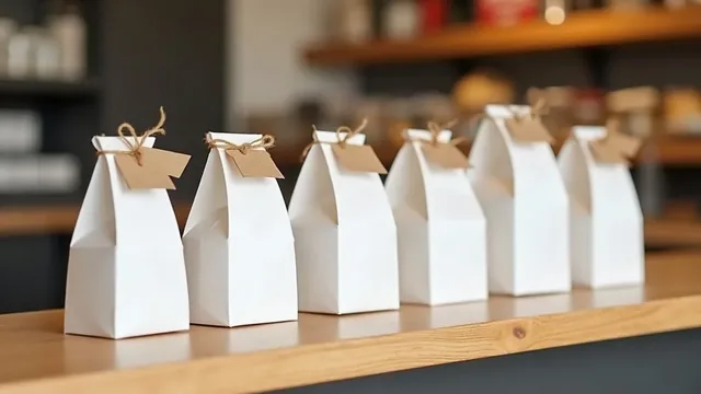 A row of white paper bakery bags, each with a blank kraft tag tied on, lined up on a wooden counter