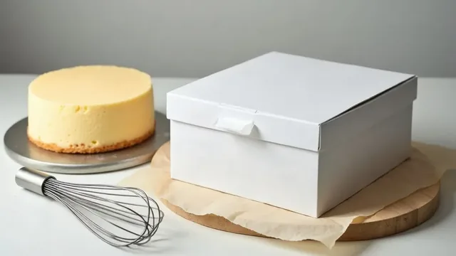 A plain white cake box on a wooden board over parchment, beside an unfrosted sponge on a round silver board and a whisk