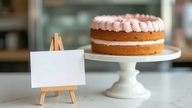 A blank white card on a small easel beside a two-layer cake with pink buttercream on a white cake stand