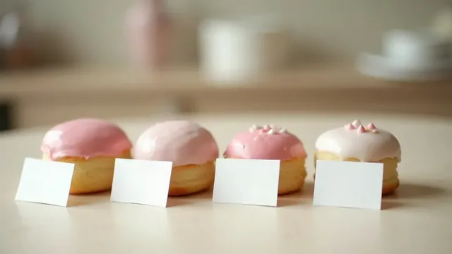 Four small iced cakes in a row on a table, each with a blank white card standing in front of it