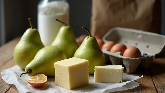 Three pears, a block of butter, a jar of flour and a carton of brown eggs on a wooden kitchen counter