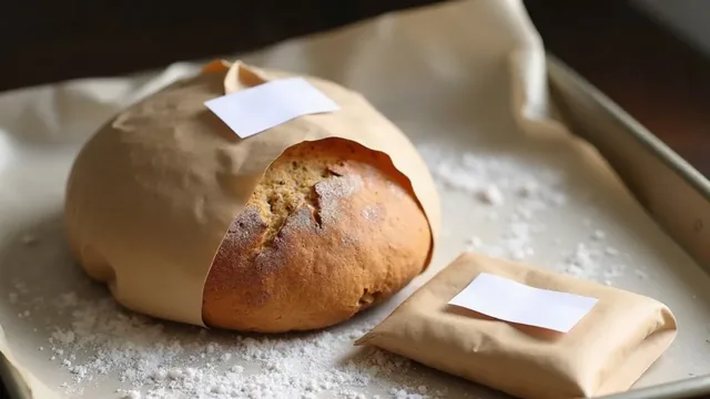 A paper-wrapped bread loaf and a small kraft cookie pouch on a floured baking tray, each with a blank white rectangular label.