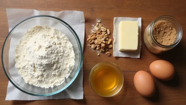 A glass bowl of flour, a block of butter, a heap of walnuts, a jar of brown sugar, two eggs and a small bowl of golden liquid laid out on a wooden counter.