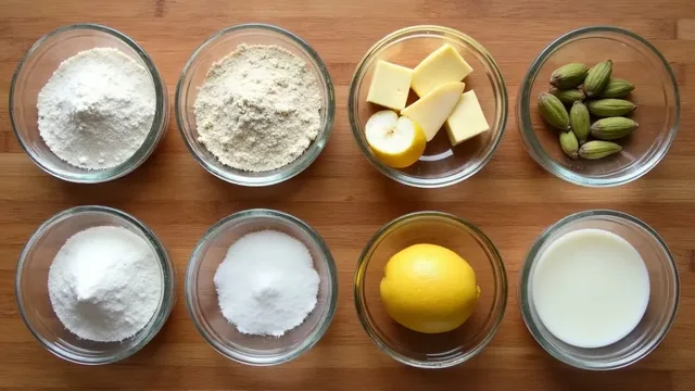 Overhead view of eight small glass bowls on a wooden table holding flour, sugar, butter, cardamom pods, a lemon and milk