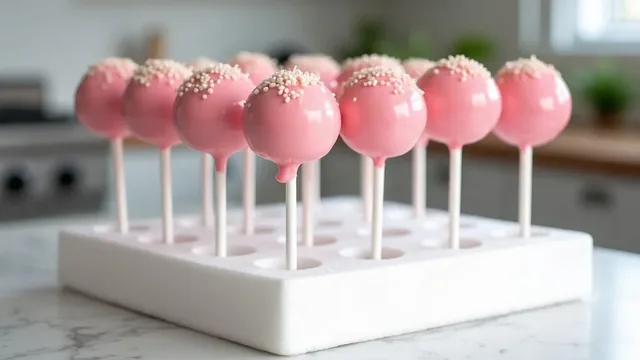Pink glossy cake pops with white sprinkles standing on white sticks in a white foam block