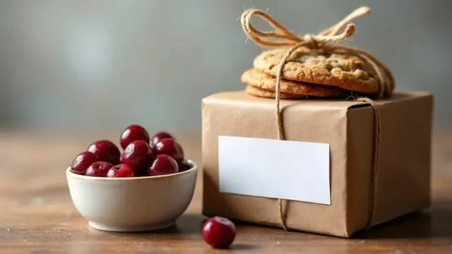A kraft-wrapped parcel tied with twine, topped with oatmeal cookies and carrying a blank white label, beside a bowl of dark red tart cherries.