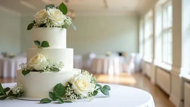 A three-tier white buttercream cake with fresh white roses and baby's breath on a draped table in a bright reception room