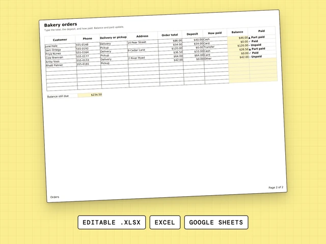 Bakery Order Form cover: Jobs & Work Orders spreadsheet, editable .xlsx for Excel and Google Sheets