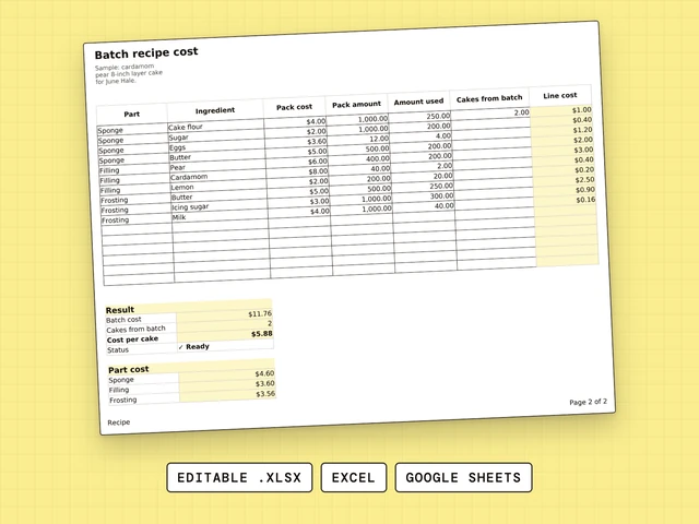 Batch Recipe Cost cover: Pricing & Costing spreadsheet, editable .xlsx for Excel and Google Sheets