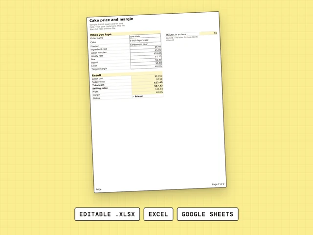 Cake Price and Margin cover: Pricing & Costing spreadsheet, editable .xlsx for Excel and Google Sheets