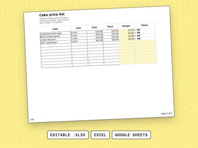 Cake Price List cover: Pricing & Costing spreadsheet, editable .xlsx for Excel and Google Sheets