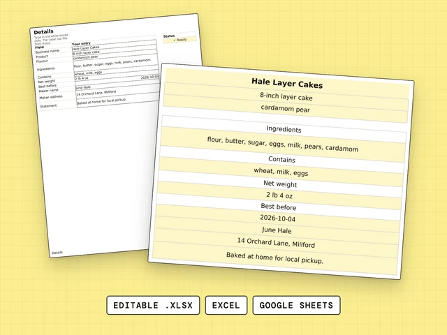 Cottage Food Label cover: Startup & Launch spreadsheet, editable .xlsx for Excel and Google Sheets