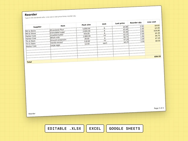 Supplier Reorder cover: Inventory & Purchasing spreadsheet, editable .xlsx for Excel and Google Sheets