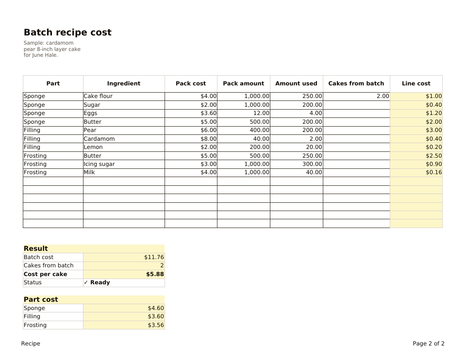 Batch Recipe Cost, the Recipe tab: ten sample ingredient lines for a cardamom pear cake, with batch cost 11.76 dollars and cost per cake 5.88 dollars