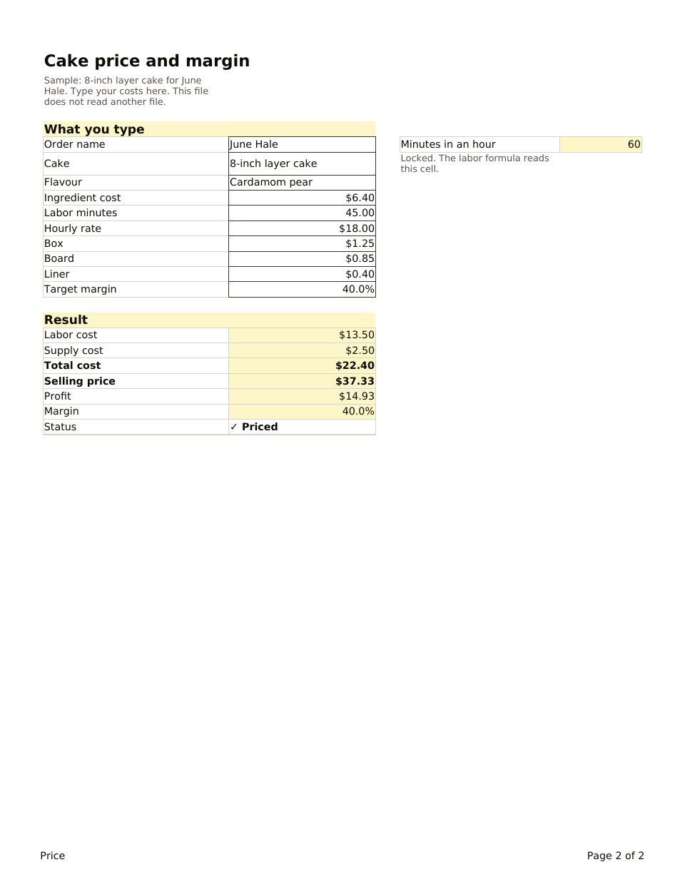 Cake Price and Margin, the Price tab: sample costs for an 8-inch cake with a selling price of 37.33 dollars at a 40% margin