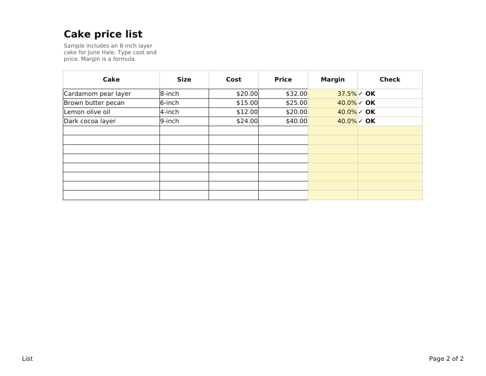 Cake Price List, the List tab: four sample cakes with cost, price, margin and an OK check