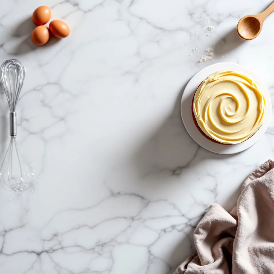 A white marble kitchen counter with a frosted layer cake on a stand, eggs, a whisk and a wooden spoon, seen from above