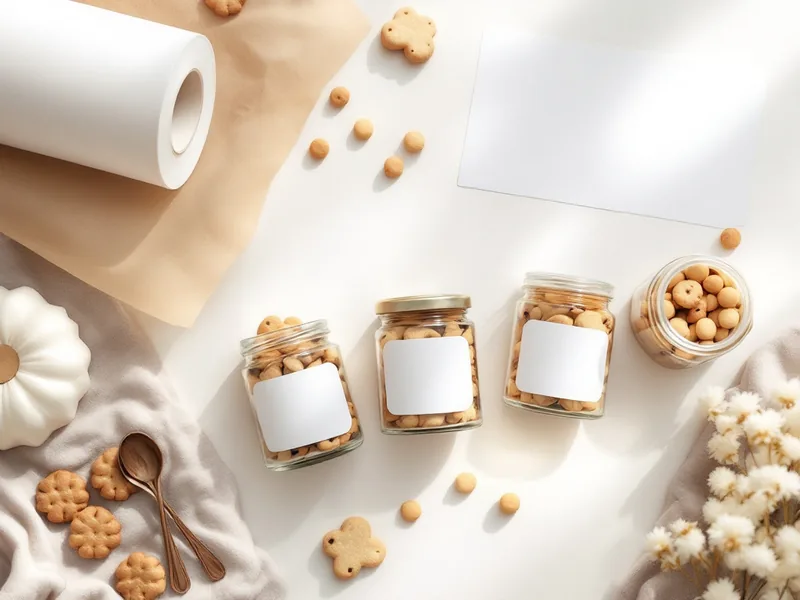 Small glass jars of cookies with blank white labels on a white counter